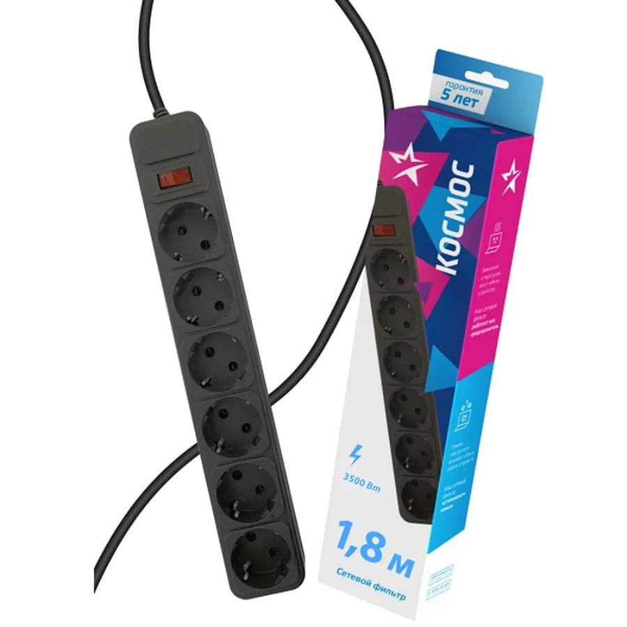 картинка Сетевой фильтр Космос 6 розеток, 1,8 м, пвс 3х0,75мм2, чёрный от магазина Интерком-НН