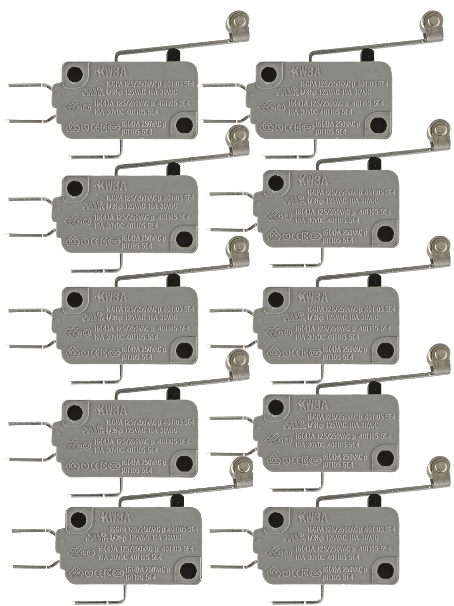 картинка Микропереключатель 10 шт. Dongnan KW3A-16Z5-A200 3-х контактный 16(4)A 250V рычаг с роликом 25мм от магазина Интерком-НН