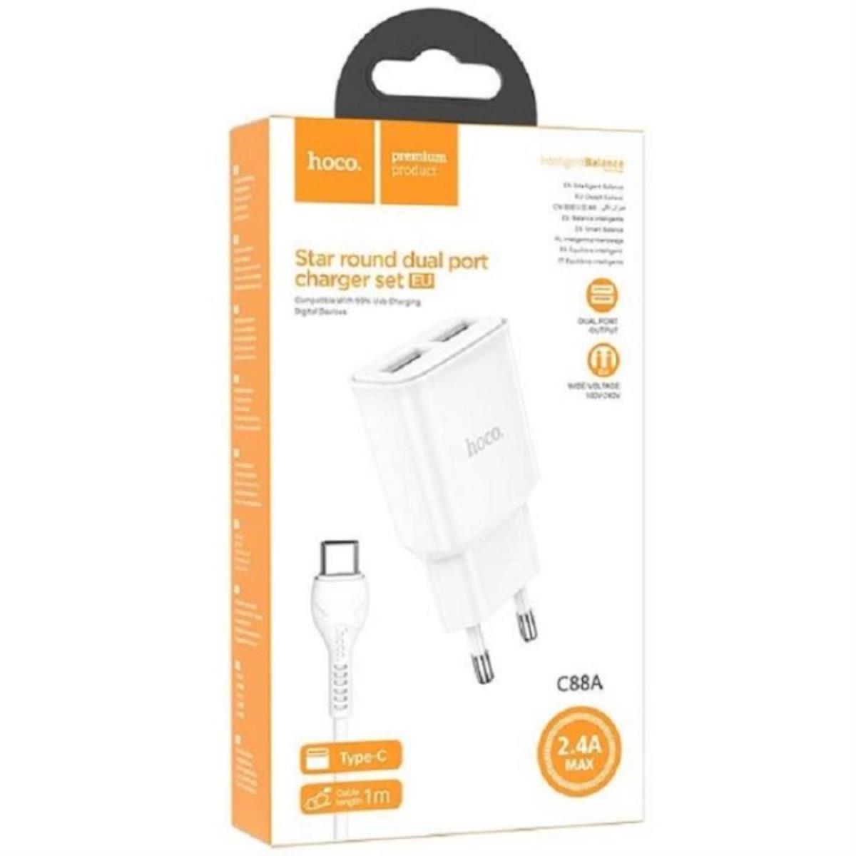 картинка Hoco C88A сетевое зарядное устройство с 2 USB выходами 5В, 2400mAh, белый  от магазина Интерком-НН