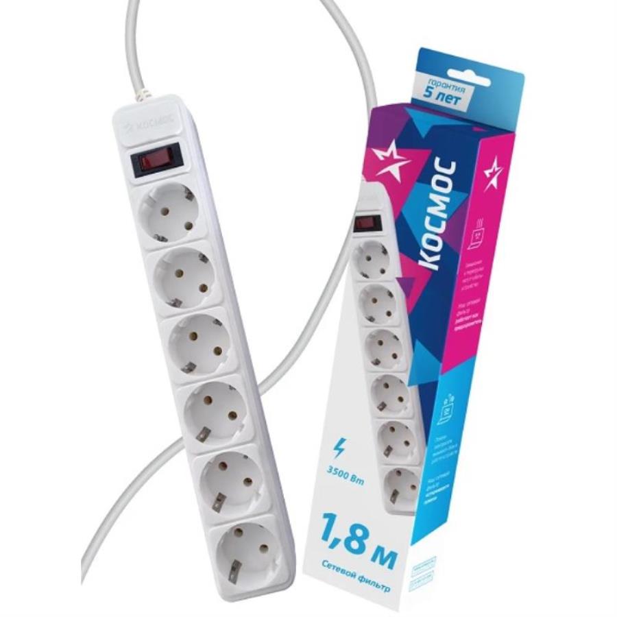 картинка Сетевой фильтр Космос 6 розеток, 1,8 м, пвс 3х0,75мм2, белый  от магазина Интерком-НН