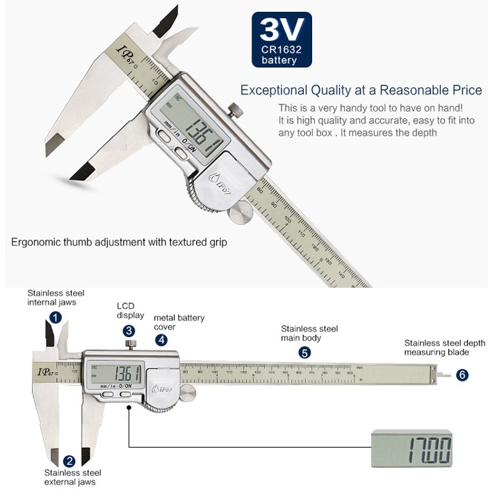 картинка Штангенциркуль 5111-300 электронный 0-300мм большой ЖК-дисплей IP67, нержавеющая сталь от магазина Интерком-НН