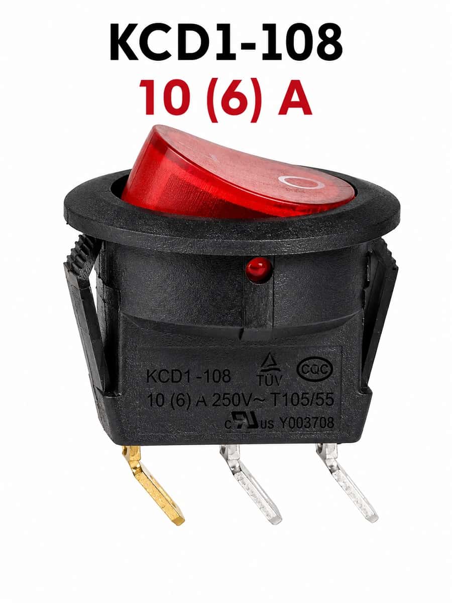 картинка KCD1-108, 10(6) A, 250 В, Выключатель 3 контакта, красная клавиша от магазина Интерком-НН