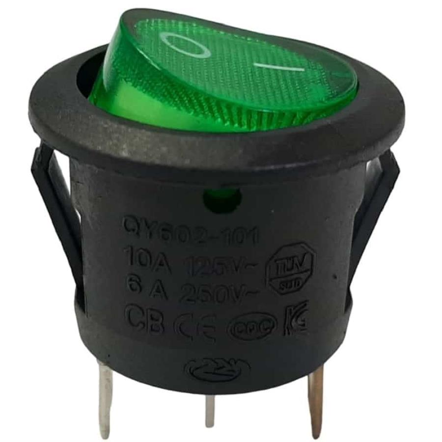 картинка Переключатель клавишный QY602-101 KCD1 (223(6)) зеленый с подсветкой ON-OFF 6A 250VAC от магазина Интерком-НН